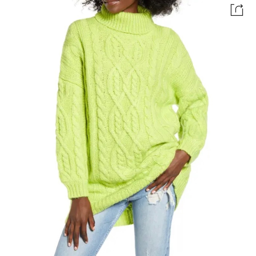 Moon River Oversized Neon Green Cable Turtleneck Sweater